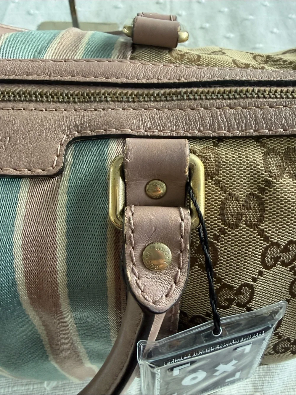 Gucci Beige GG Canvas Satchel with Pink Trim and Blue-Green Stripe